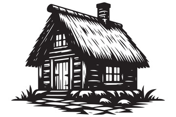 Cozy Log Cabin Silhouette Vector Illustration Black and White Design