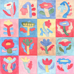 Tile seamless pattern. Decorative flowers painted with gouache. Patchwork ornament of squares. Handmade.