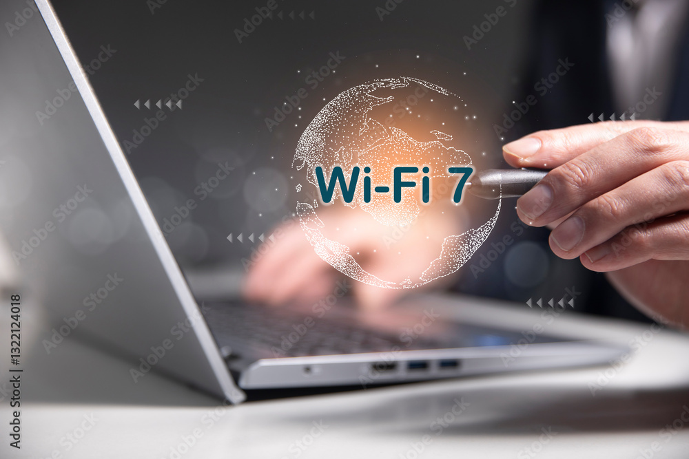Poster man working on laptop with wifi concept