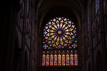 Interior view of Saint-Malo cathedral showing the rose window. Saint-Malo. Brittany. France.