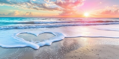 Heart-shaped sea foam on a sandy beach at sunset, symbolizing romance and serenity with waves and a colorful sky.