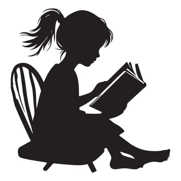 recommend clip art: Enchanting Little Girl Reading Silhouette Lost in a Book Illustration