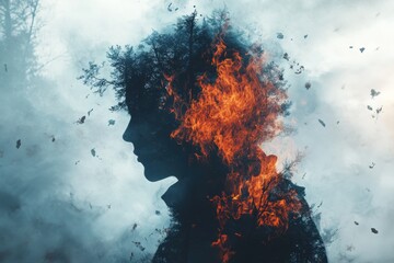 Fire and Nature Blend in Human Silhouette with Smoke Effects