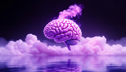 A digital artwork features a brain floating above a body of water, set against a backdrop of soft, pastel-colored clouds