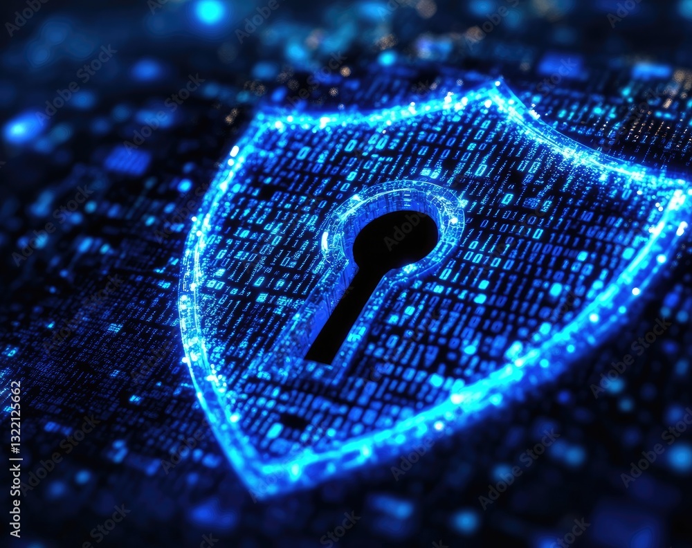Poster abstract digital security concept with glowing blue shield and keyhole, detailed binary code backgro