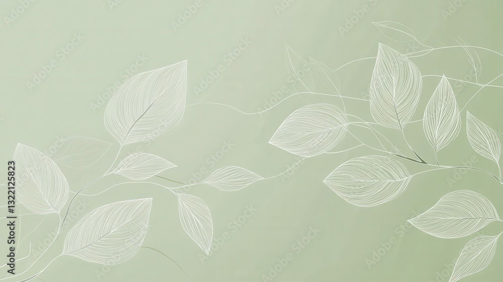 Aufkleber elegant botanical line art design on a soft green background featuring subtle leaf textures in a mod