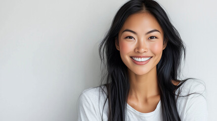 Fototapeta premium Cheerful young Asian woman with radiant smile and engaging style