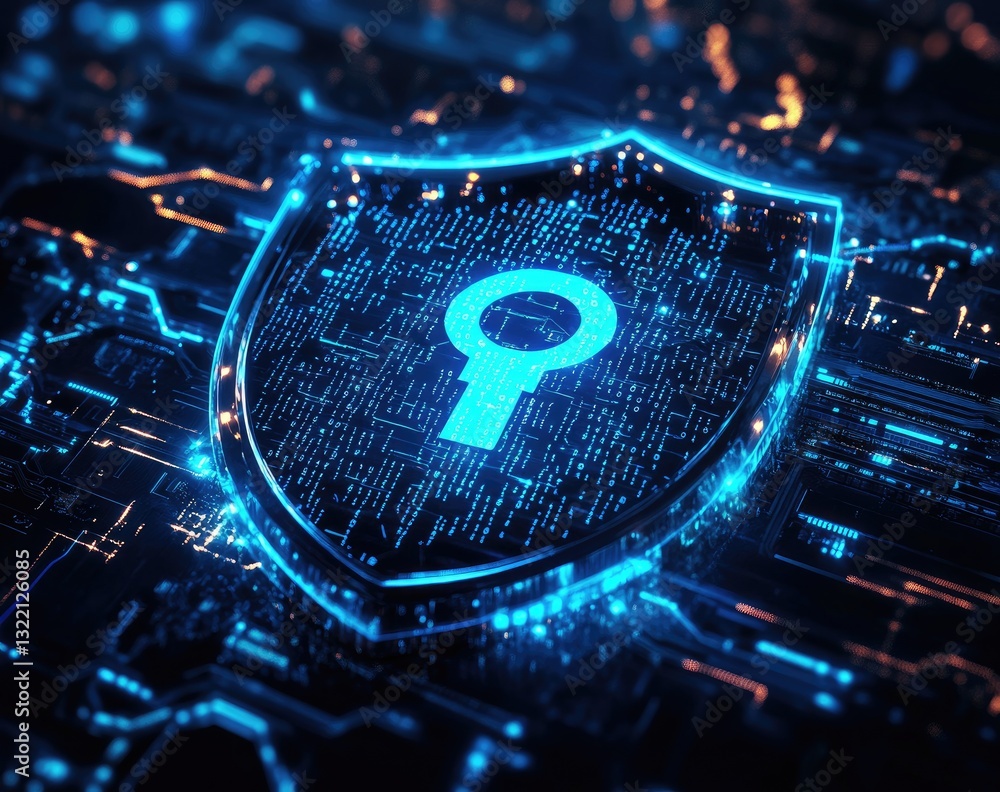 Poster abstract digital security concept. glowing blue shield with keyhole on dark circuit board background