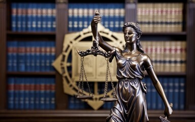 Fototapeta premium Lady Justice: Symbol of Law and Justice, Bronze Statue against Bookshelf