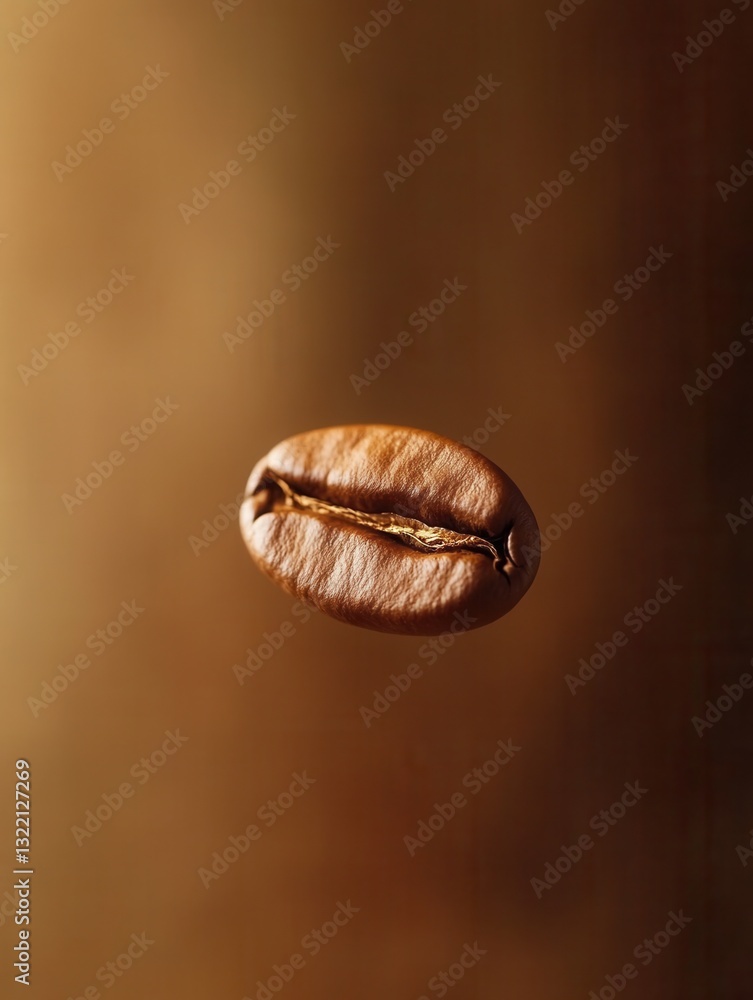 Poster close-up view of roasted coffee beans in warm brown tones with a single standout bean emphasizing th