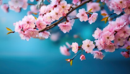 Stunning Sakura Bloom Against A Turquoise Sky Vibrant Pink Petals and Delicate Detail Amidst the Serene Landscape, Inspiring Tranquility and Renewal.
