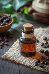 A bottle of coffee essential oil, which contains the rich aroma and essence of freshly brewed coffee, on a burlap table