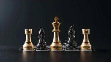 3D Rendered Pixelated Gold And Black Chess Pieces On A Dark Reflective Surface With Atmospheric Lighting