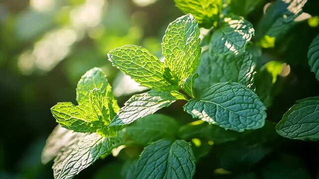 A close-up of fresh green leaves, perhaps peppermint or another aromatic herb, embodying nature's organic freshness