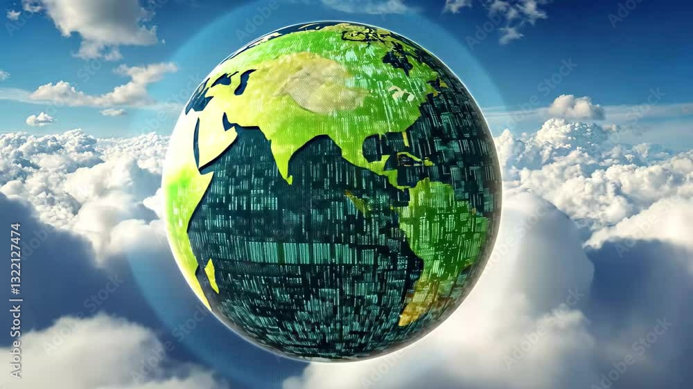 Poster data processing visualized over a globe amidst fluffy clouds and a serene blue sky, data processing 