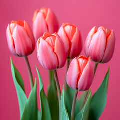 Naklejka premium Bright pink tulips in elegant arrangement create a stunning visual contrast against a soft pastel backdrop for nature lovers and floral enthusiasts