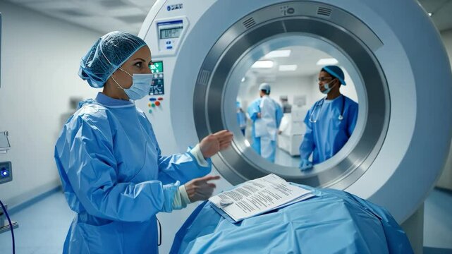 A woman in a hospital setting is looking at a patient's MRI scan. She is wearing a surgical mask and a blue gown. Concept of professionalism and focus on the patient's health