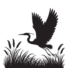 Elegant Heron Silhouette Illustration of Bird Flying Over Grassy Marsh