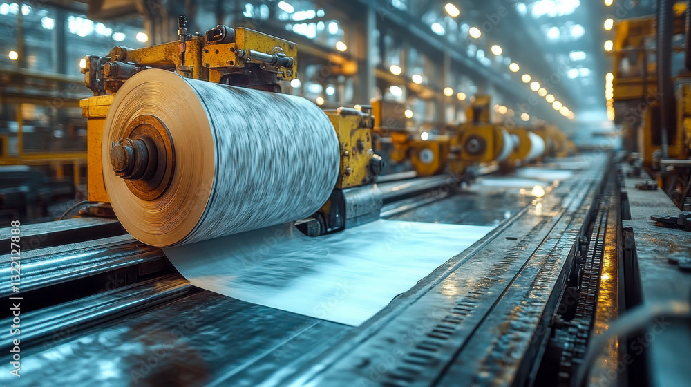 Poster high-speed paper processing machine producing large rolls in an industrial setting