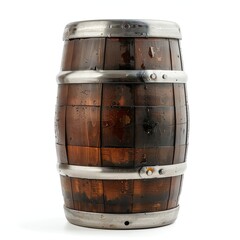 Obraz premium Wet Brown Wooden Barrel with Metal Hoops Isolated on White Background