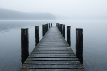 Fototapeta premium Foggy Pier Over Still Water in Calm Natural Environment