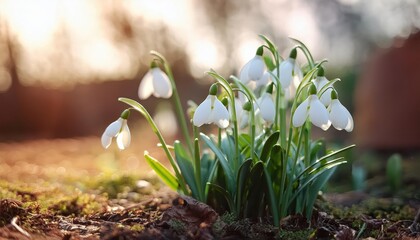 Vibrant Bloom of Snowdrops in a Spring Garden, Delicate White Petals Opening to Reveal Soft Interiors, Amidst a Lush Mossy Environment, Radiating a Pure and Peaceful Atmosphere.
