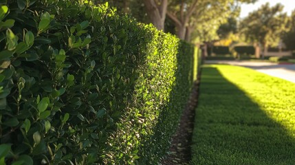 Obraz premium A perfectly trimmed hedge next to a grassy lawn outdoors