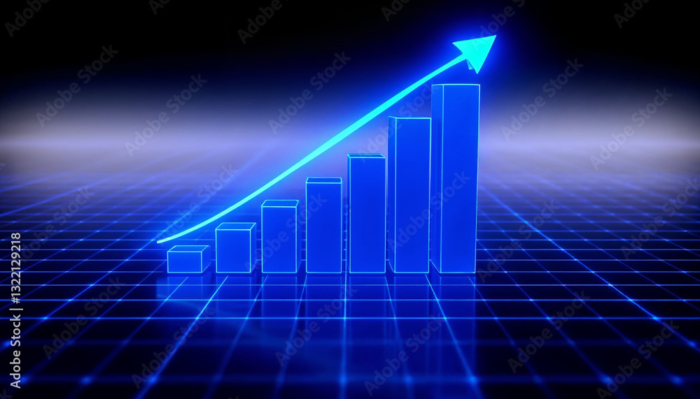 Fototapete a digital art image shows a bar graph with an upward-pointing arrow, all rendered in a glowing blue 