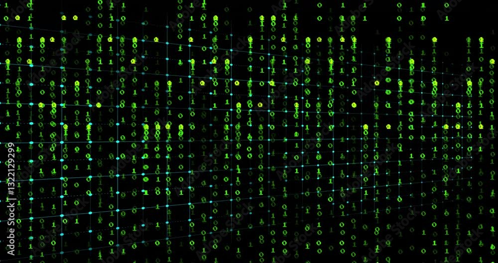 Poster animation of blue heartbeat line moving over green binary code background