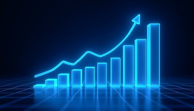 A digital art image shows a bar graph with an upward-pointing arrow, all rendered in a glowing blue hue against a dark background