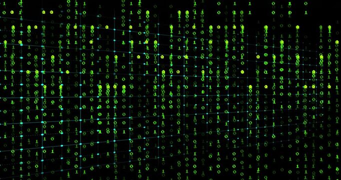 Animation of blue heartbeat line moving over green binary code background