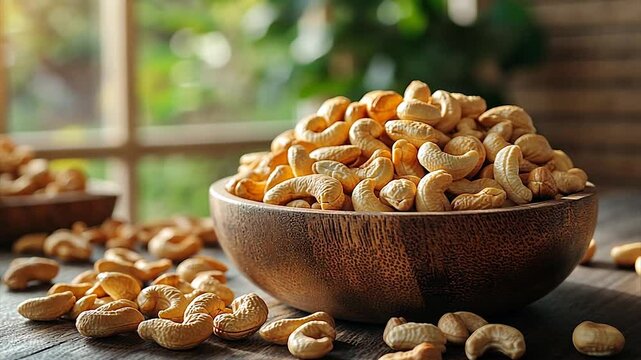 Bowl of cashew nuts on a wooden table with sunlight and greenery