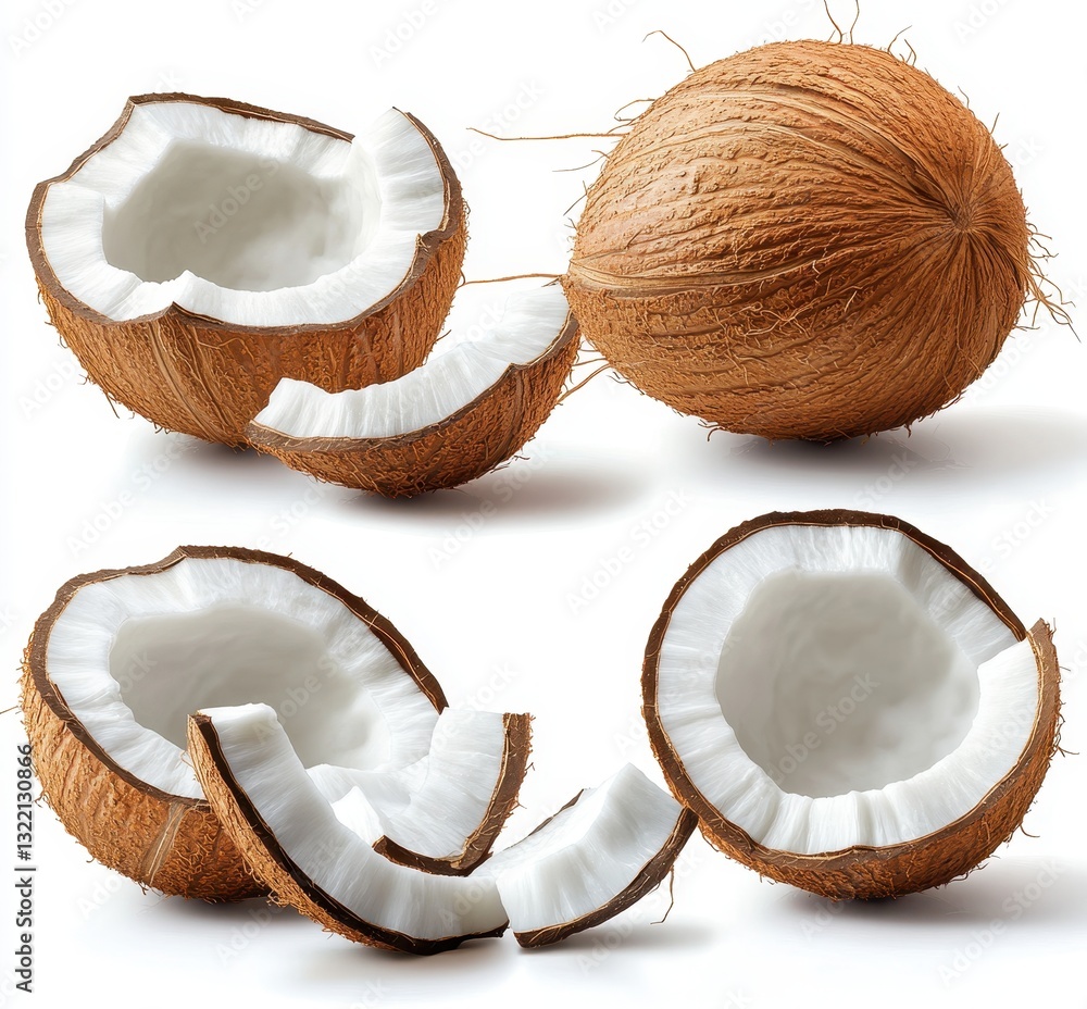 Poster freshly opened coconut with brown shell and white flesh displayed in various angles on a light backg
