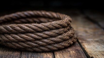 Obraz premium Coiled rope on rustic wood