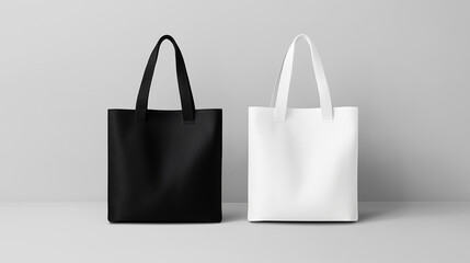 White and black tote bags are displayed in a mockup against a sleek grey background.
