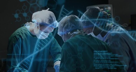 Surgeons performing operation with DNA and data processing animation overlay - Powered by Adobe