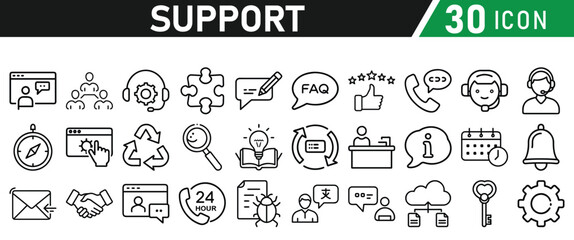 Support icon set—liner style icon for web. Contains icons IT Support, Help Desk, Call Center, Customer Service, call center, Representative, Instructions. Icons vector collection