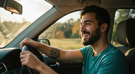 Joyride: Smiling Man Driving Car with Tattoo on Arm. Freedom, Adventure & Sunny Road Trip!