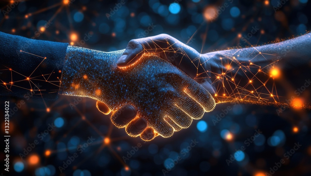 Poster abstract image of two glowing hands shaking against a dark background with bokeh lights and network 