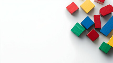 Colorful Wooden Blocks Of Various Geometric Shapes On A White Background With Copy Space For Educational Play And Creative Learning