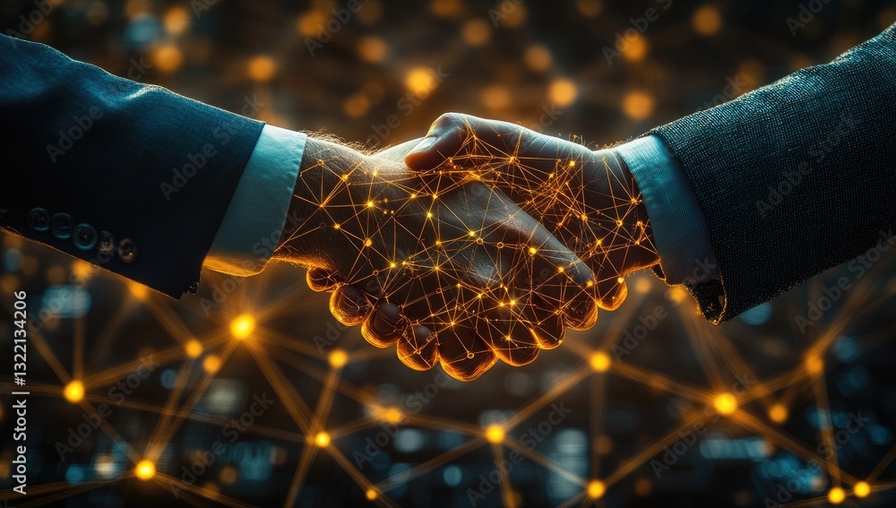 Poster two hands, glowing with light, shake against a dark background of interconnected nodes. digital part