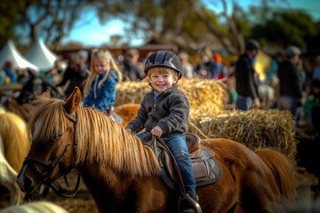 Happy Child Riding a Pony at a Farmyard Festival Attraction