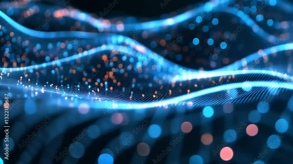 Poster abstract waves with light particles creating a dynamic digital landscape
