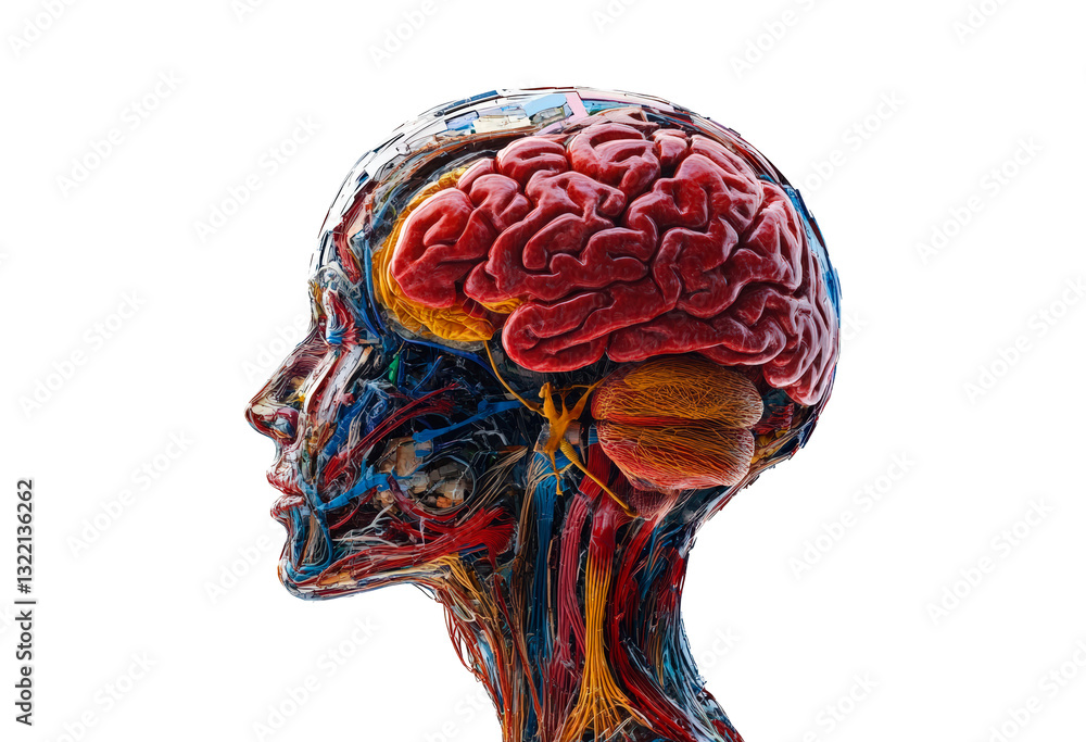 Poster intricate model of human head showcasing brain and neural structures