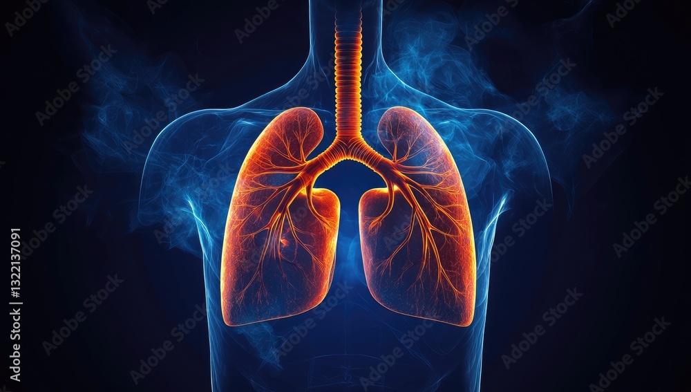 Aufkleber abstract digital rendering of human lungs glowing with orange and red light against a dark blue back