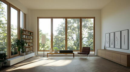 Fototapeta premium Bright Minimalist Living Room With Large Windows Overlooking Green Trees And Natural Light Brown Wooden Furniture And Neutral Decor