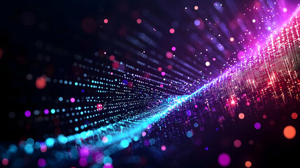 Obraz premium Abstract Background With Colorful Particles Flowing In A Wave Pattern On A Dark Blurred Background With Bokeh Effect