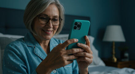Smiling Senior Woman with Smartphone in Bed: Connection, Technology, & Comfort in Retirement, Elderly Lifestyle, App, Communication