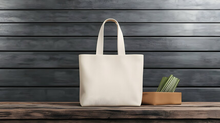 Blank White Tote Bag Mockup on Rustic Wooden Table with Potted Succulent Plant for Eco-Conscious Branding