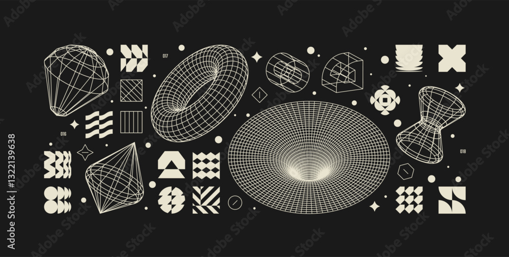 Poster vector graphic assets kit acid style, postmodern abstract geometric shapes with wireframe elements o